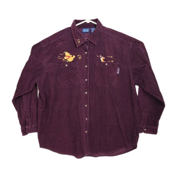 Disney Pooh Button-Up Shirt Women's XL Purple Embroiderd Corduroy Long Sleeves - Picture 1 of 8
